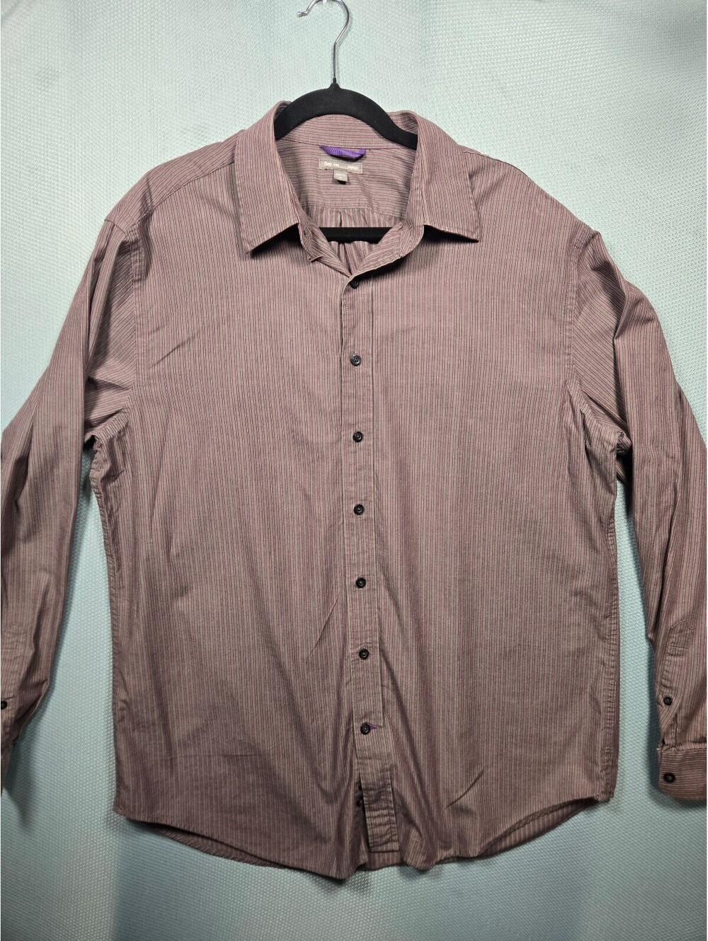 Men's burgundy striped long sleeve button-front shirt